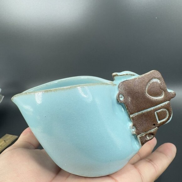 Hand Made Studio Art Pottery Creamer Small Pitcher RedWare Teal Blue Glaze Dish - Picture 13 of 13